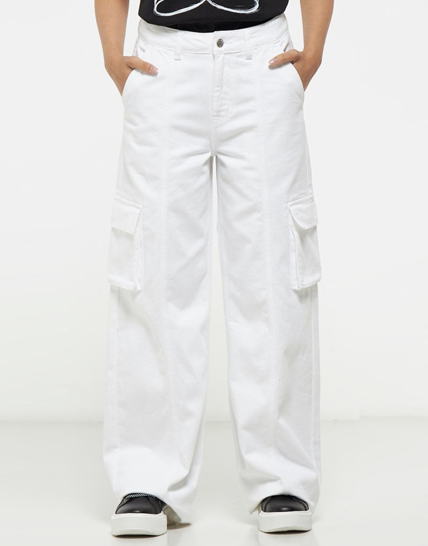 High Rise Wide Leg Cargo Jeans White