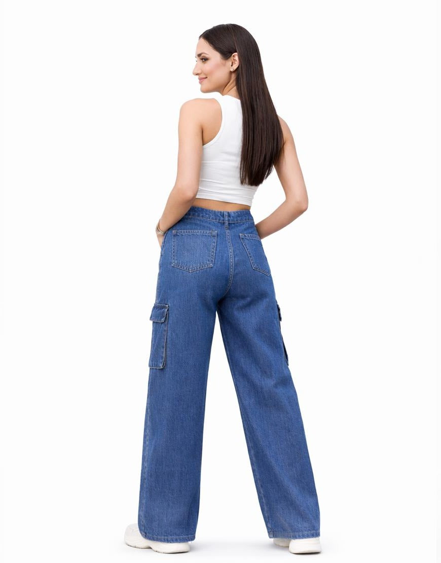 High Rise Wide Leg Cargo Jeans Stone Blue Minor Fault