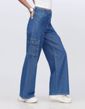 High Rise Wide Leg Cargo Jeans Stone Blue