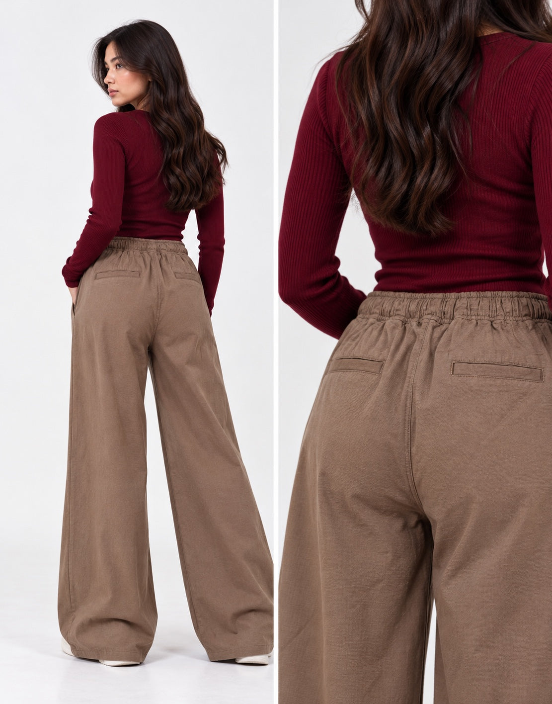 Taupe brown wide-leg linen drawstring trouser back view and texture