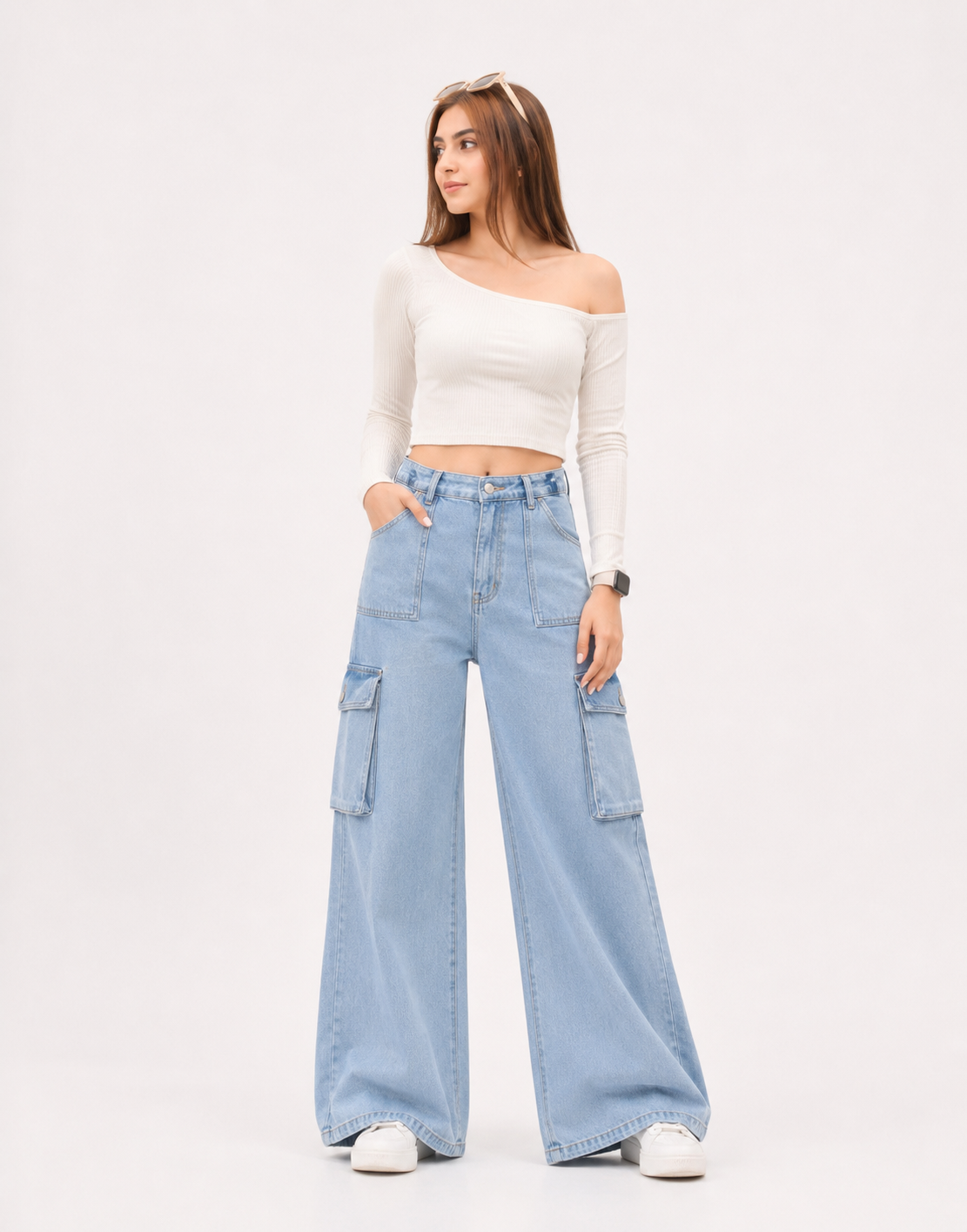 High Rise Wide Leg Flap Pocket Cargo Light Wash Minor Fault