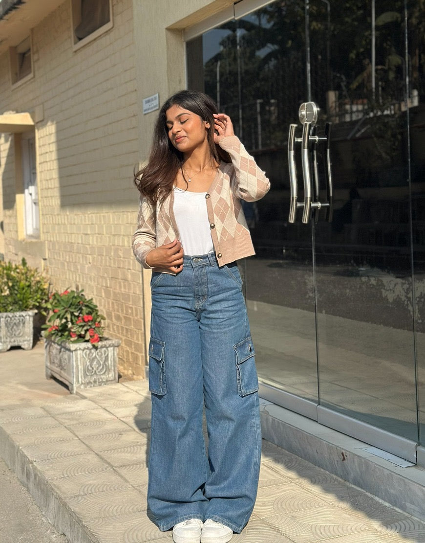 High Rise Wide Leg Cargo Jeans Medium Wash