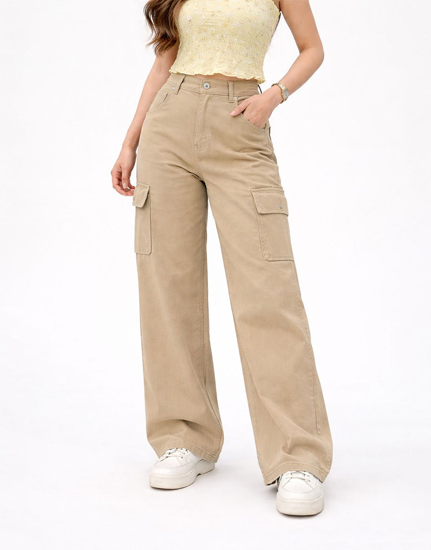 High Rise Wide Leg Cargo Pants Camel