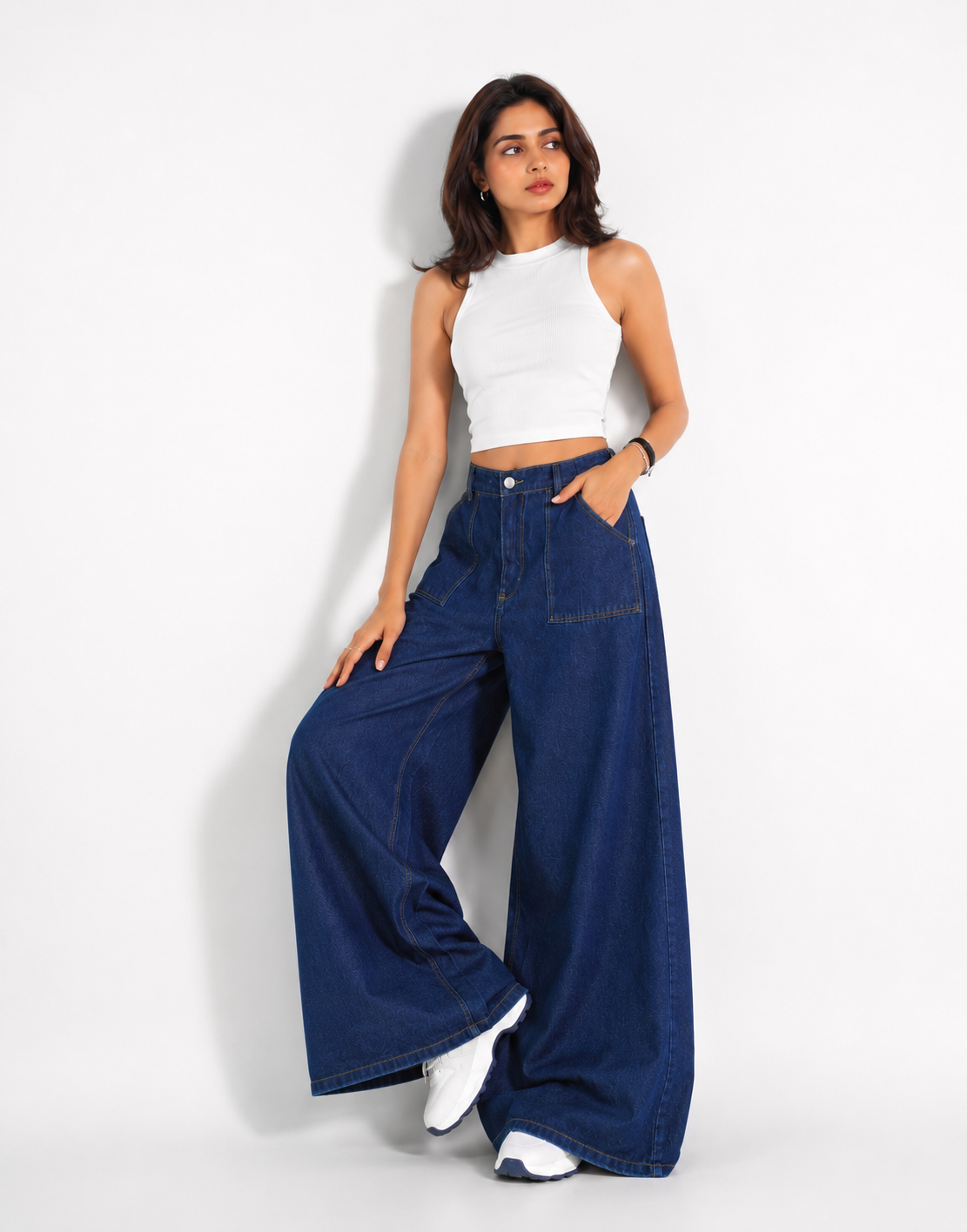 HIGH RISE WIDE LEG FLAP POCKET JEANS STONE BLUE