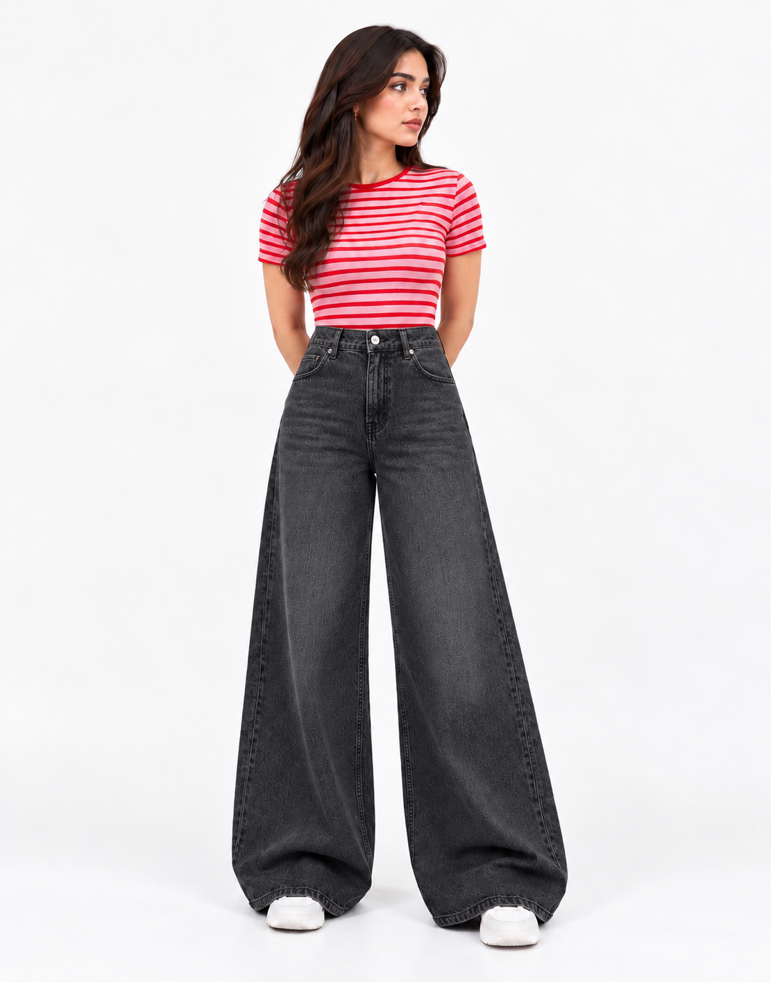 Wide Leg Jeans Faded Black Stretch