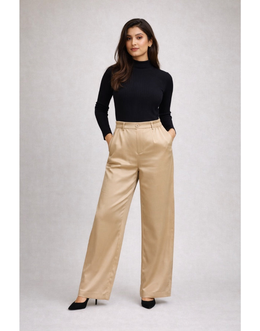 Wide Silk Pants Beige