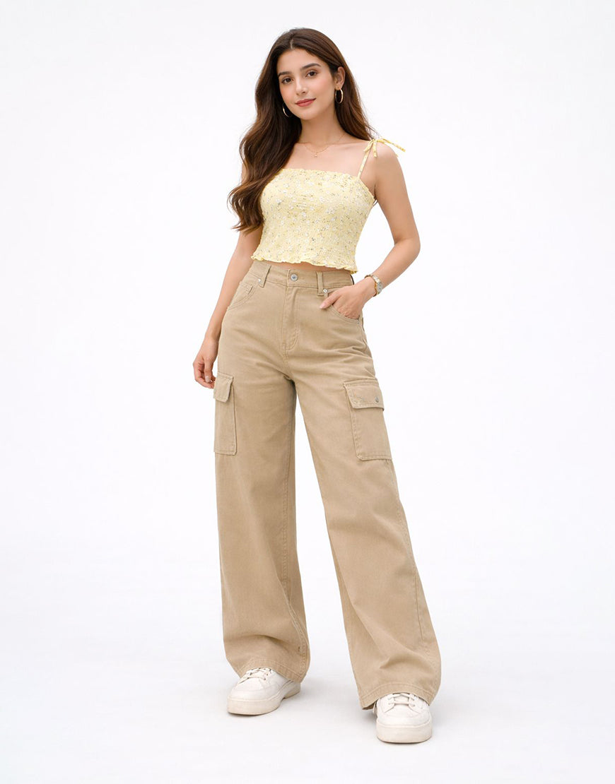 High Rise Wide Leg Cargo Pants Camel
