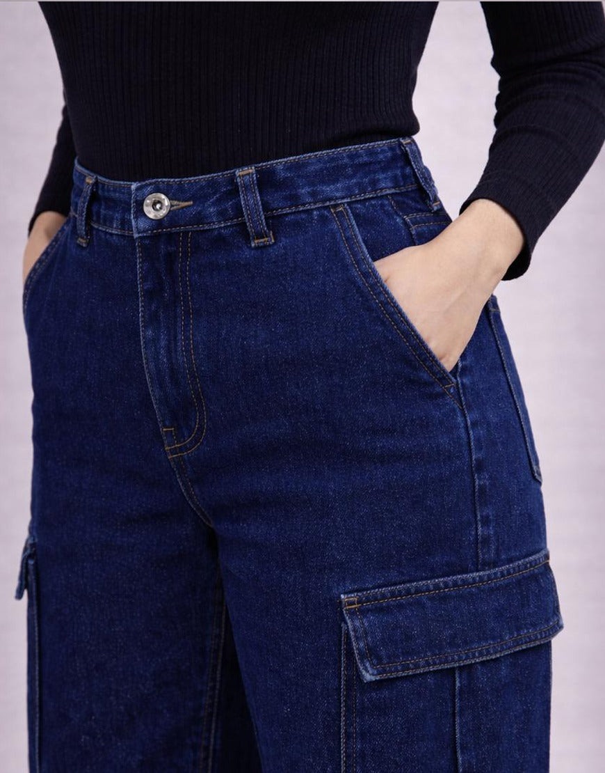High Rise Wide Leg Cross Pocket Cargo Jeans Royal Blue