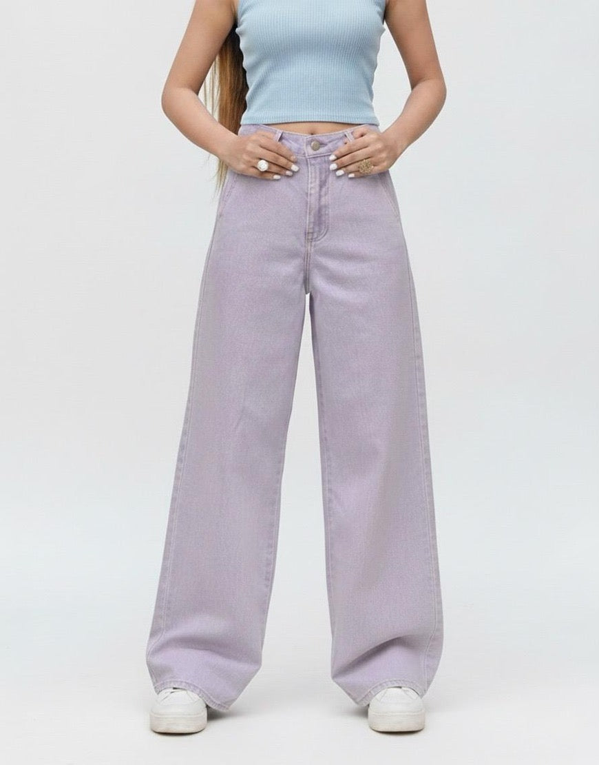 High Rise Wide Leg Twill Pants Stretch in Lilac