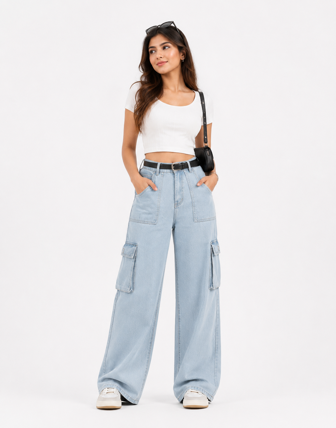 High Rise Wide Leg Flap Pocket Cargo Light Wash