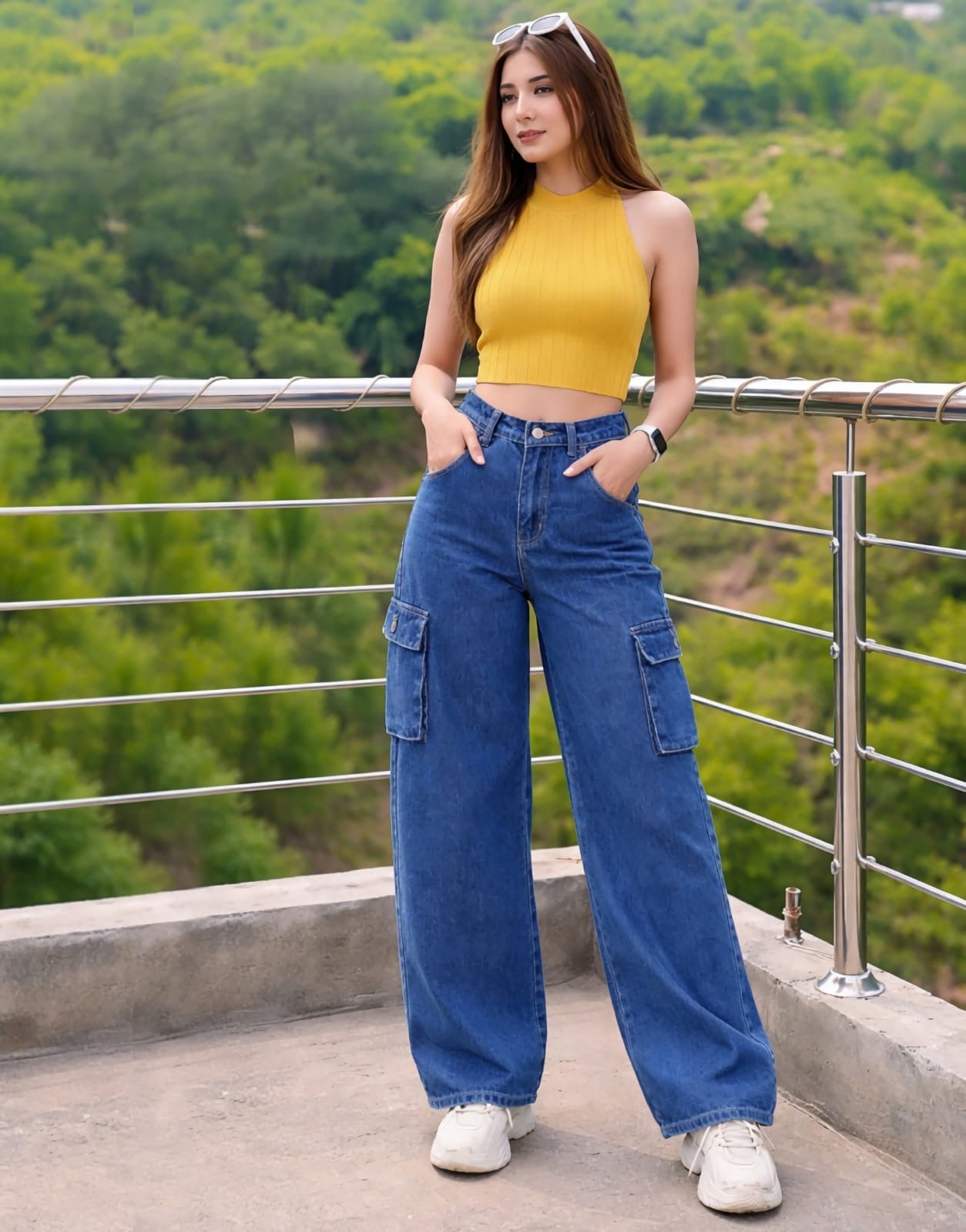 High Rise Wide Leg Cargo Jeans Stone Blue