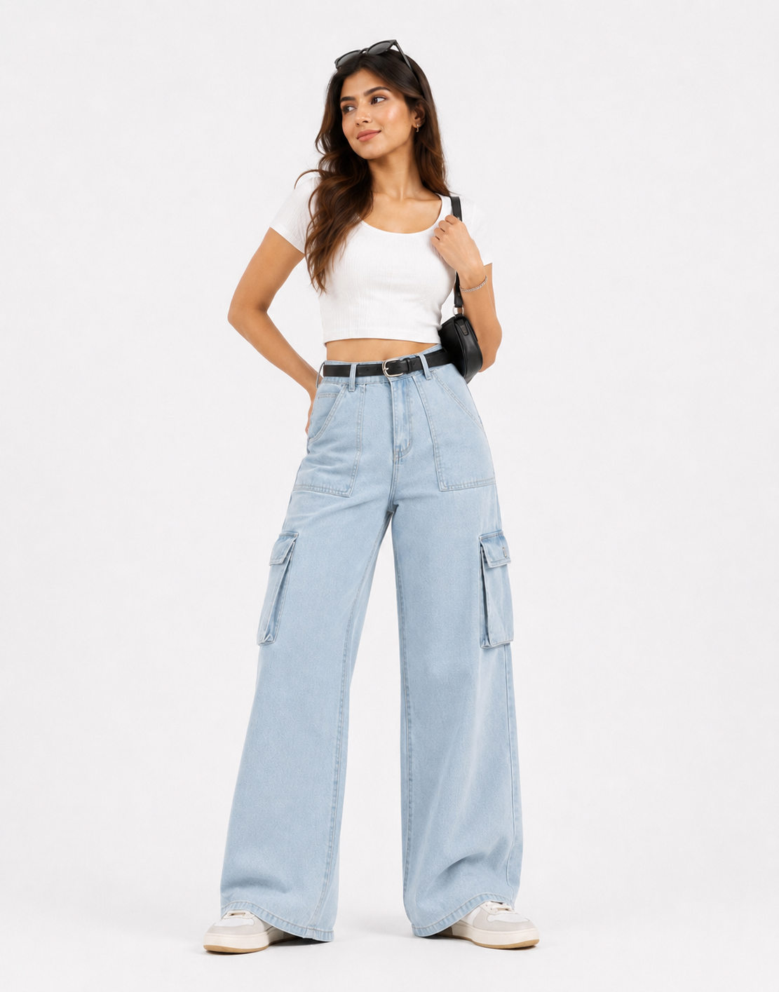 High Rise Wide Leg Flap Pocket Cargo Light Wash