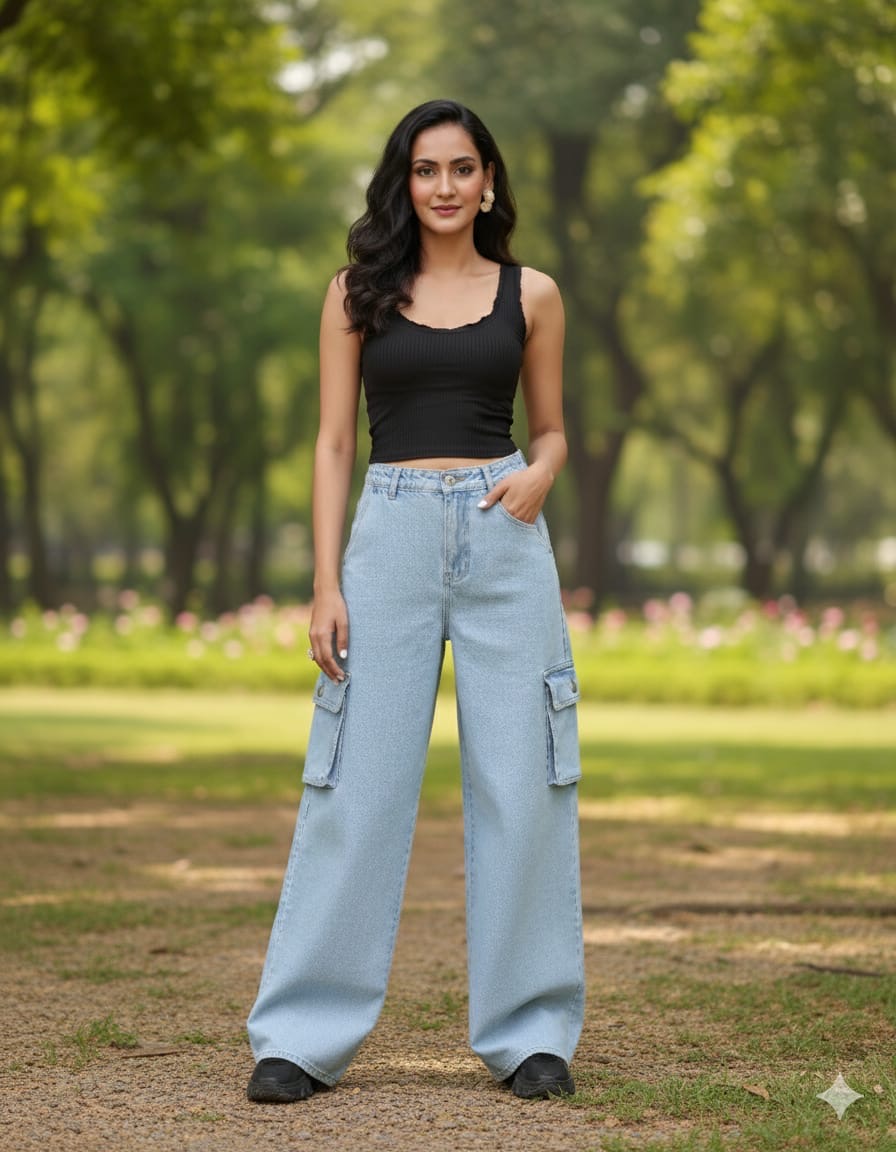 High Rise Wide Leg Cargo Jeans Light Wash