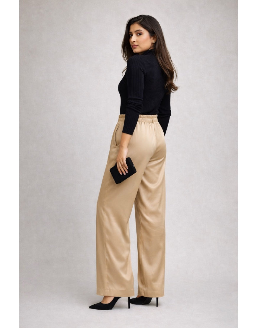 Wide Silk Pants Beige