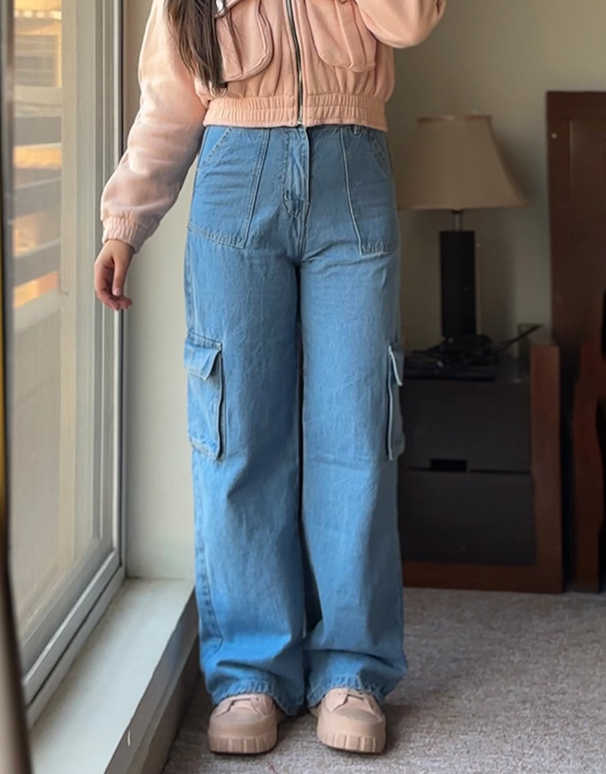 High Rise Wide Leg Flap Pocket Cargo Jeans Mid Wash