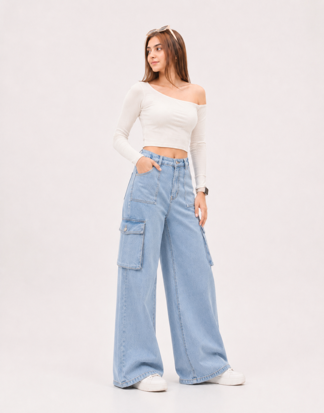 High Rise Wide Leg Flap Pocket Cargo Light Wash Minor Fault