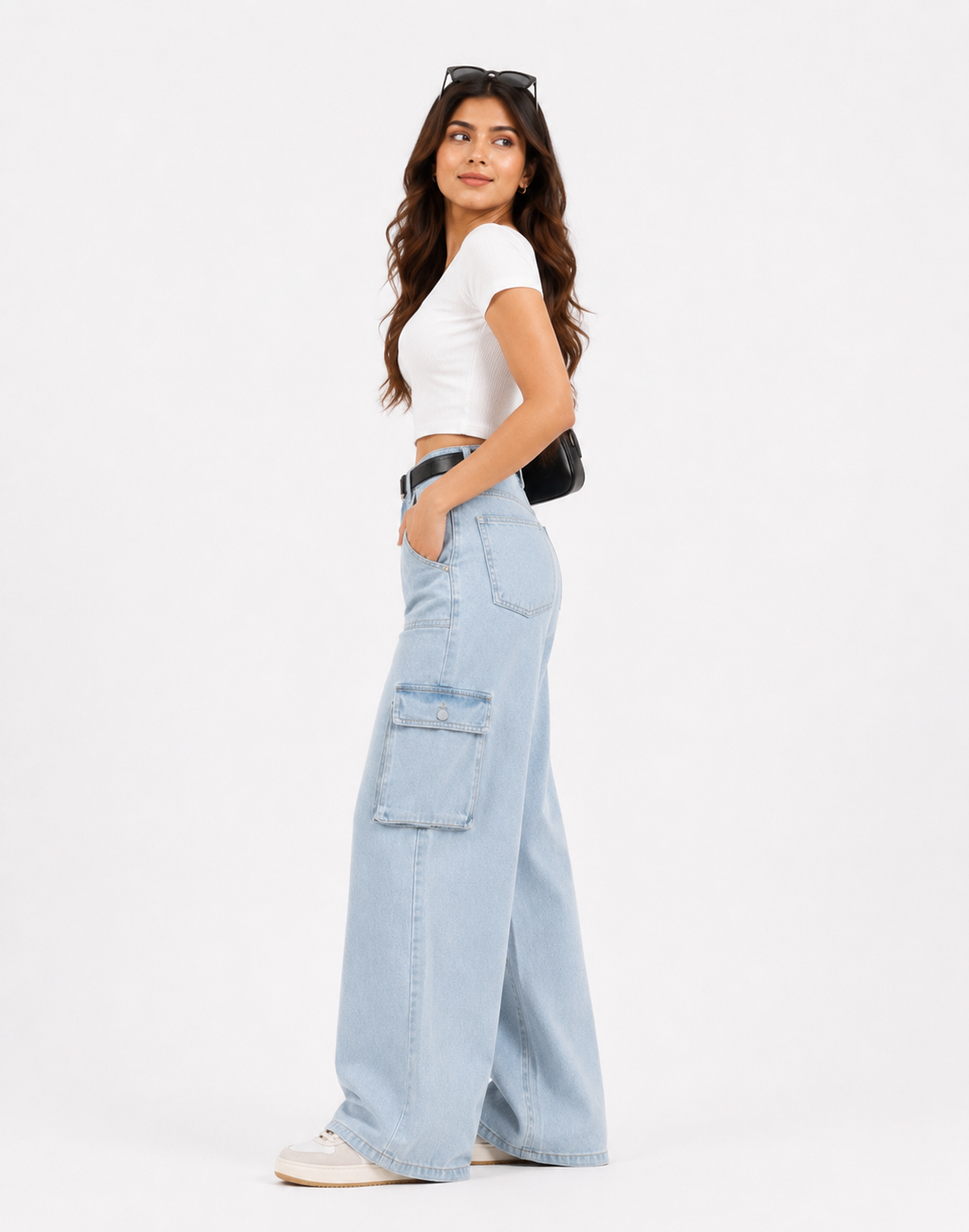High Rise Wide Leg Flap Pocket Cargo Light Wash