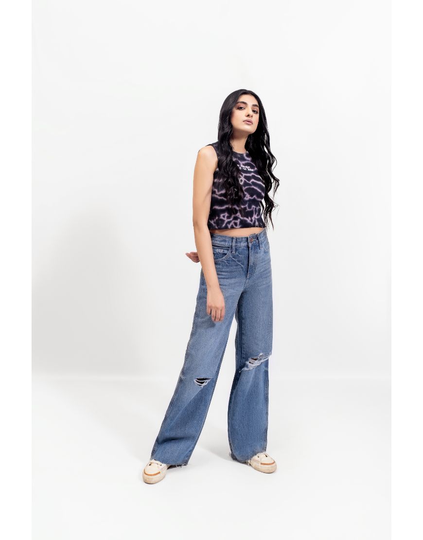 High Waisted Medium Wash Ripped Wide Leg Jeans Blue Stone