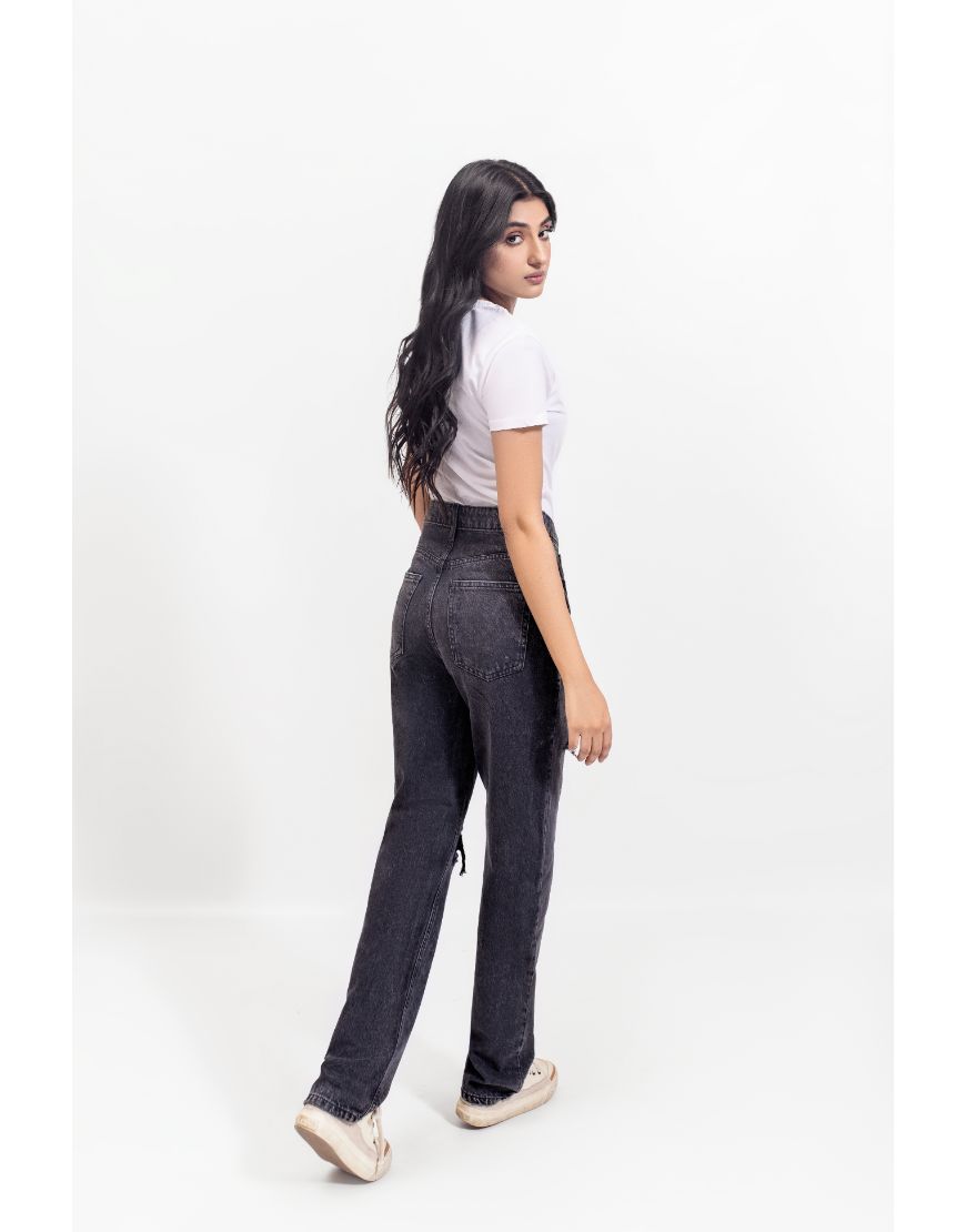 Mom Slouchy Jeans Ripped Washed Black