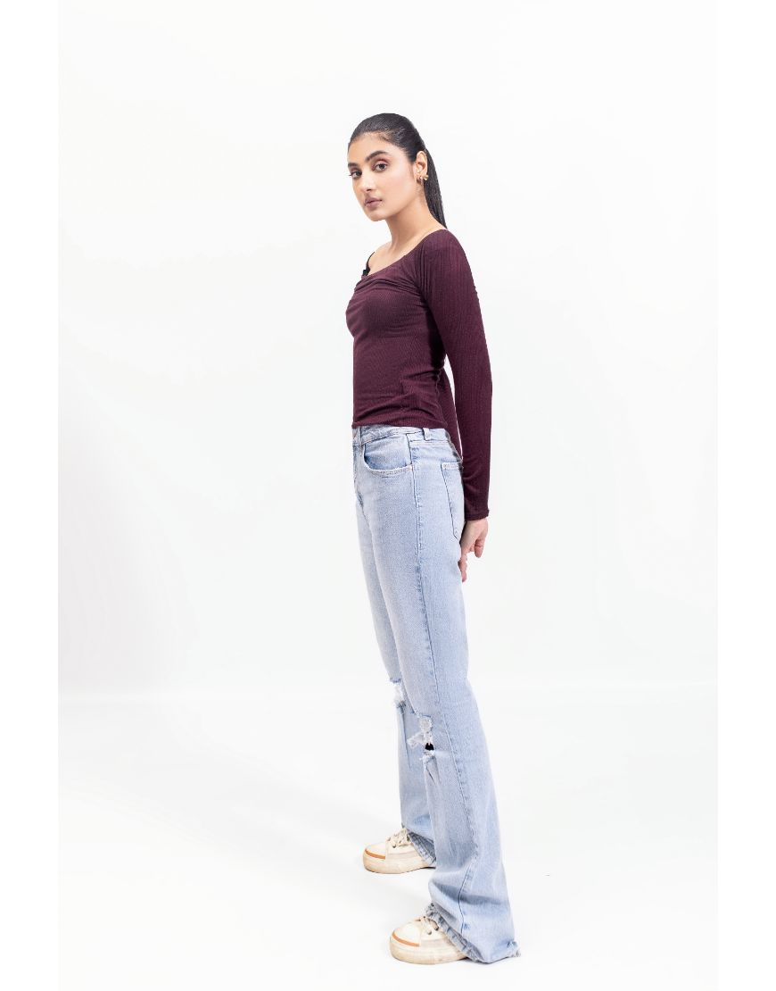High Rise Ripped Flared Jeans-Light Blue