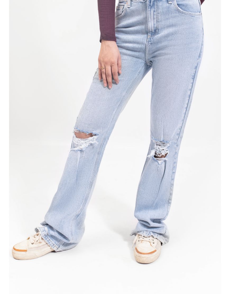 High Rise Ripped Flared Jeans-Light Blue