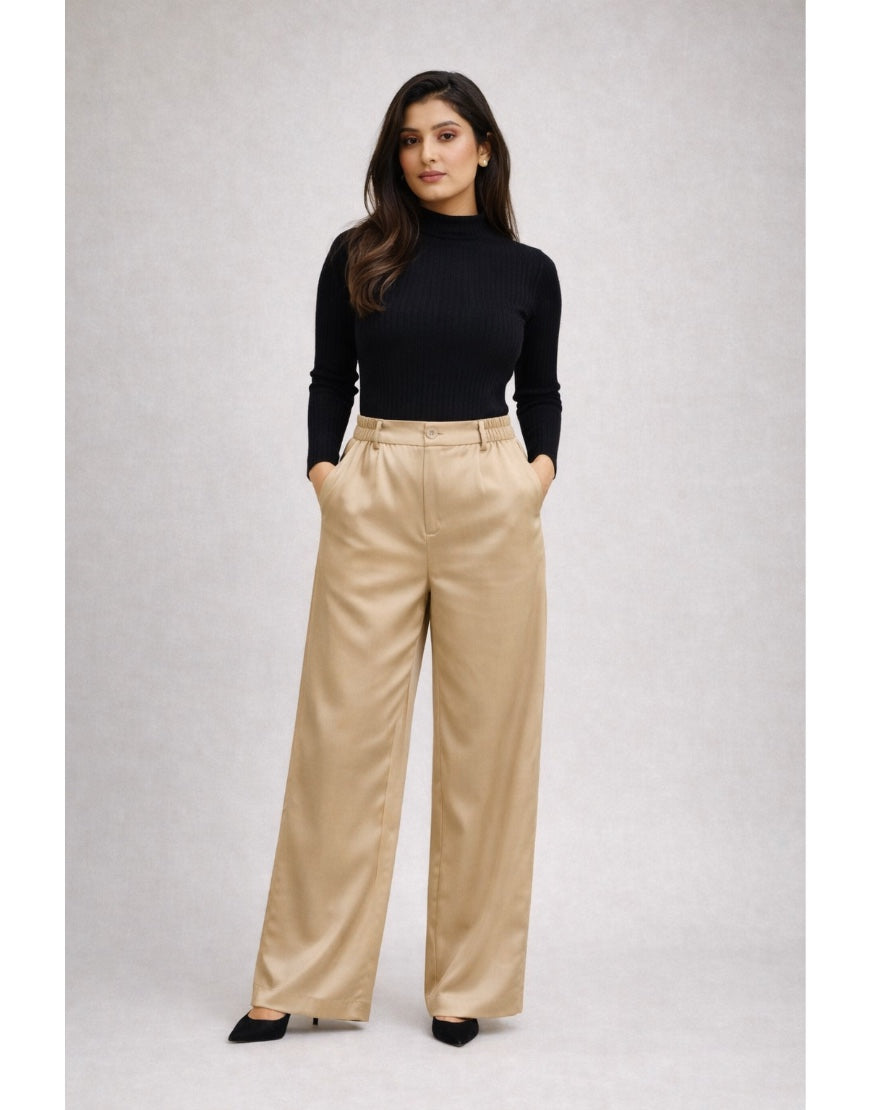 Wide Silk Pants Beige
