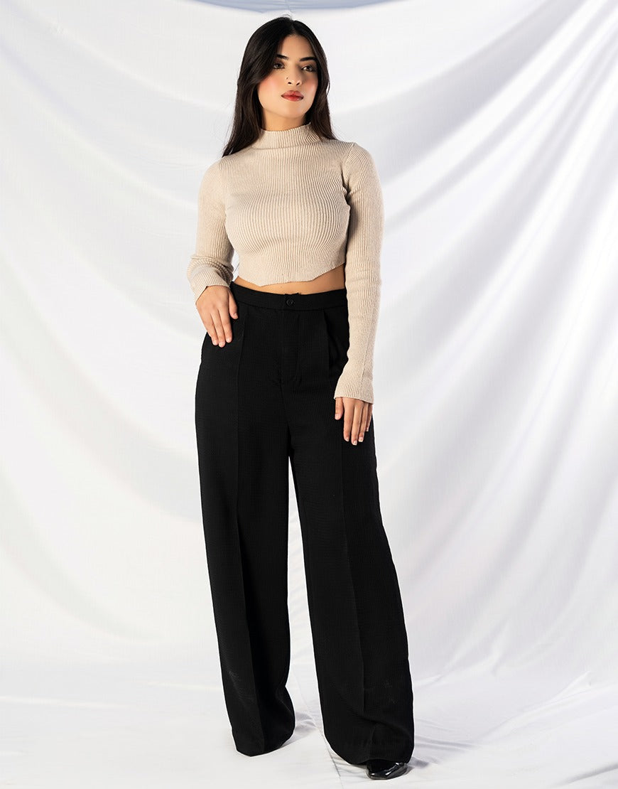 Wide Leg Ribbed Fabric Pants Black