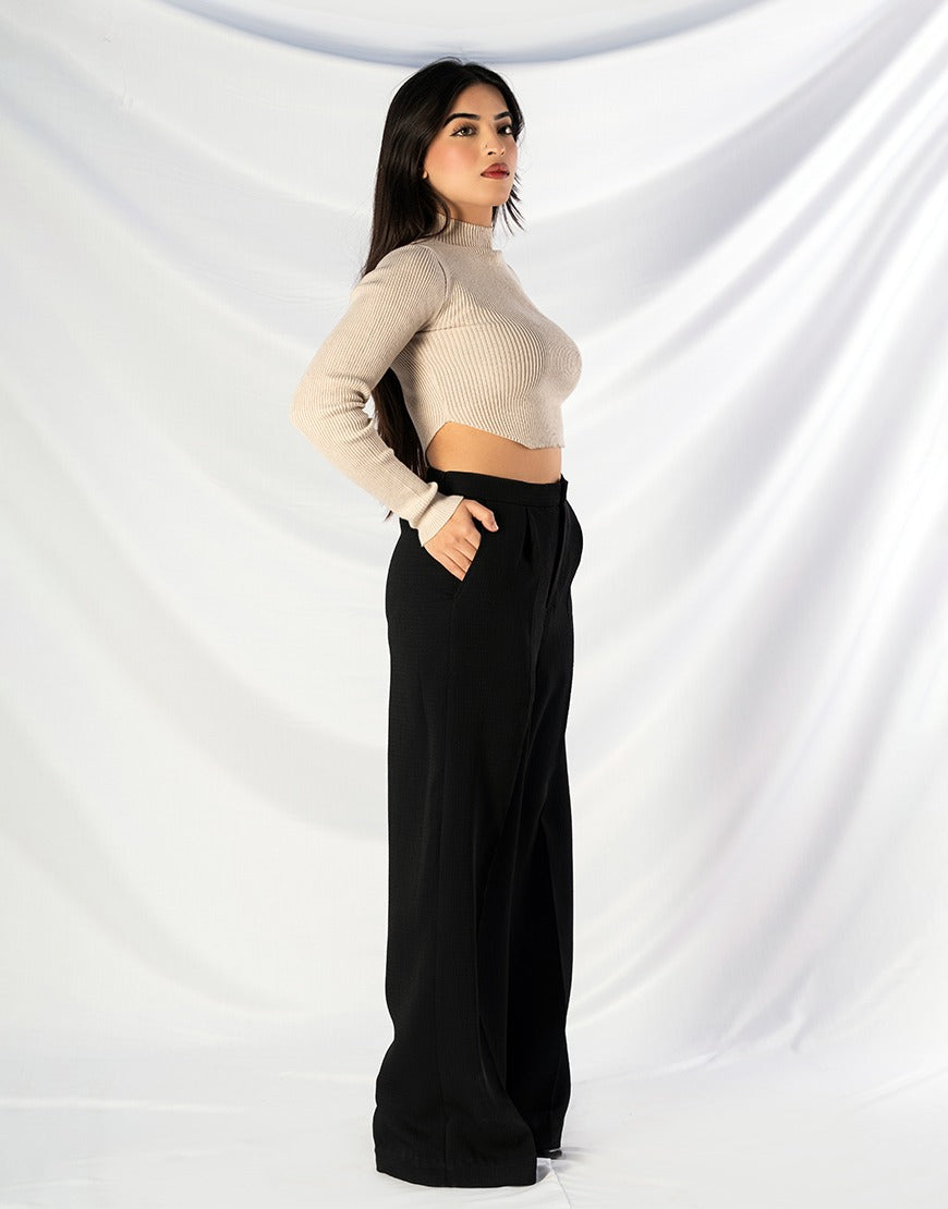 Wide Leg Ribbed Fabric Pants Black