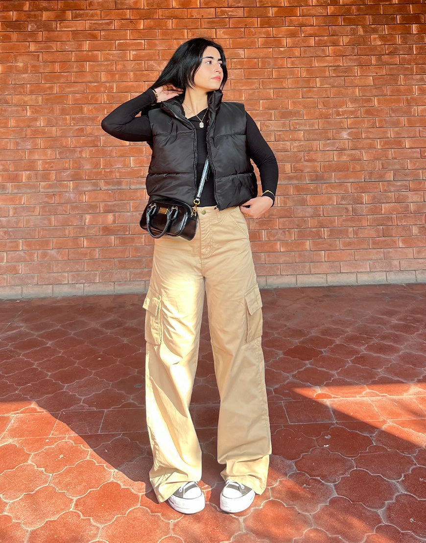 High Rise Wide Leg Cargo Twill Pants Beige