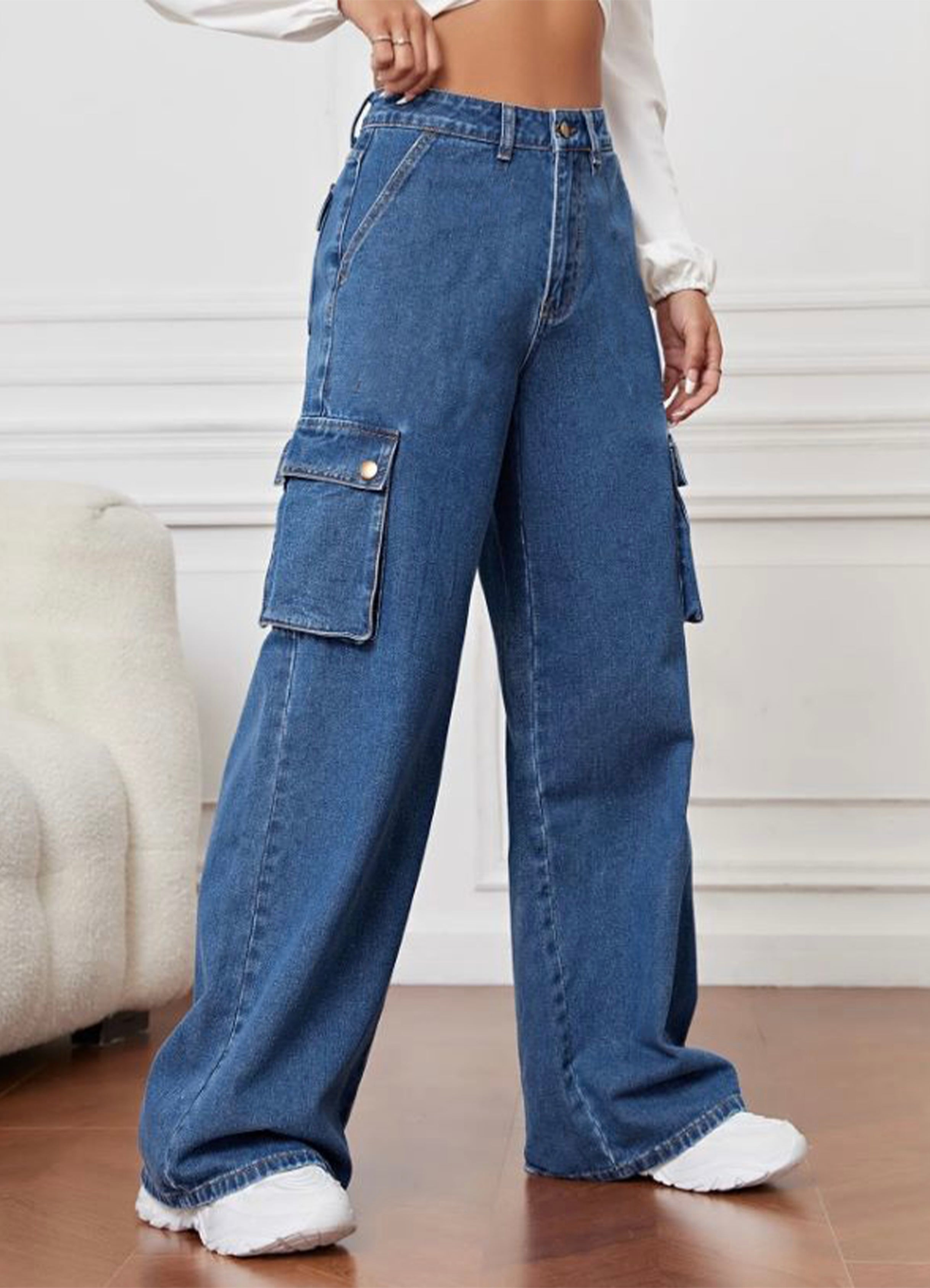 High Rise Wide Leg Cargo Jeans Stone Blue