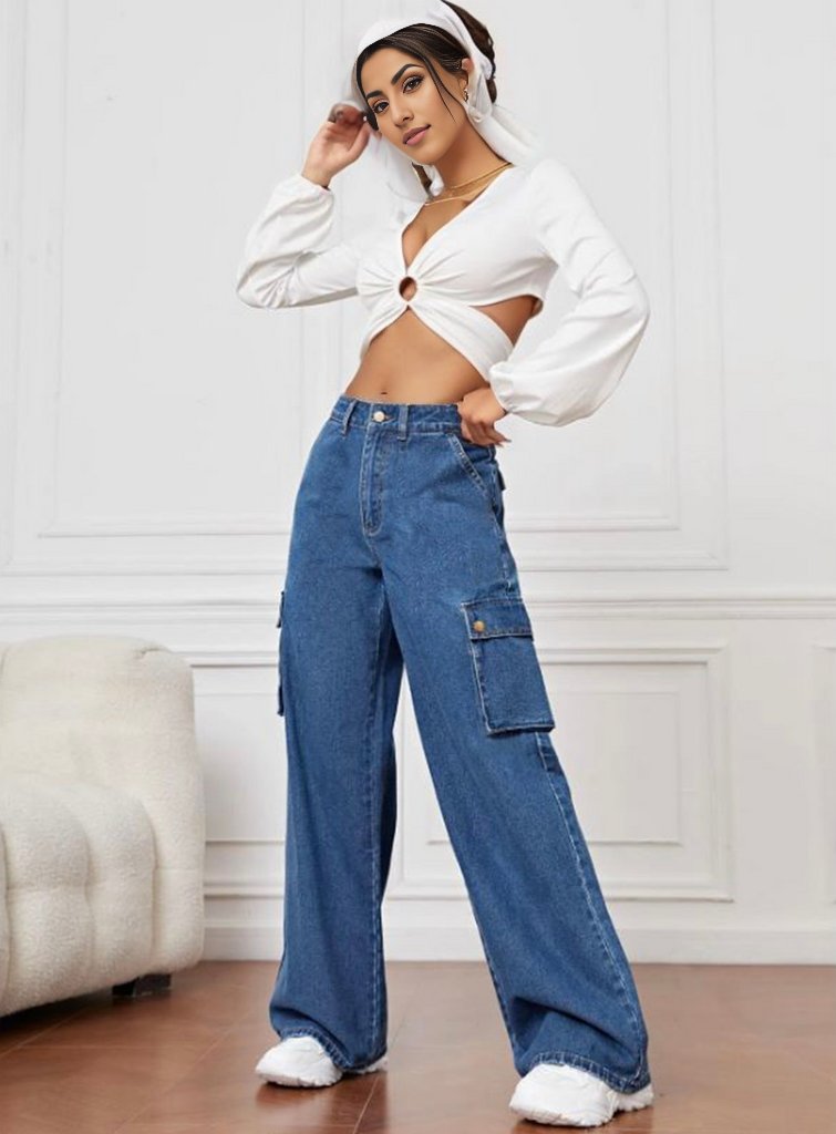 High Rise Wide Leg Cargo Jeans Stone Blue