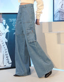 Super Wide Leg Cargo Flap Pocket Jeans Mid Blue Wash