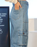 Super Wide Leg Cargo Flap Pocket Jeans Mid Blue Wash