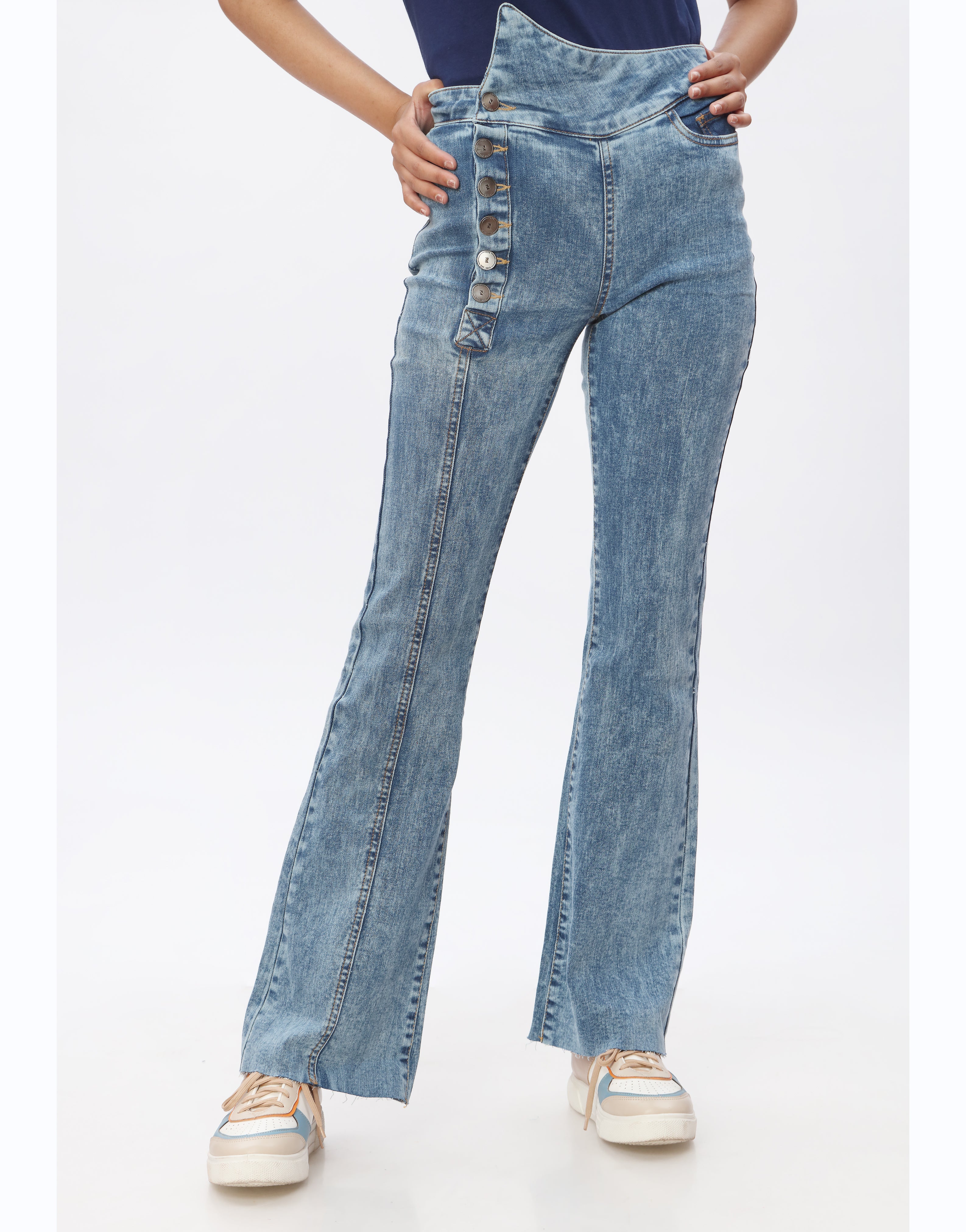 High Rise Bootcut Jeans with Right Sided Button Closure