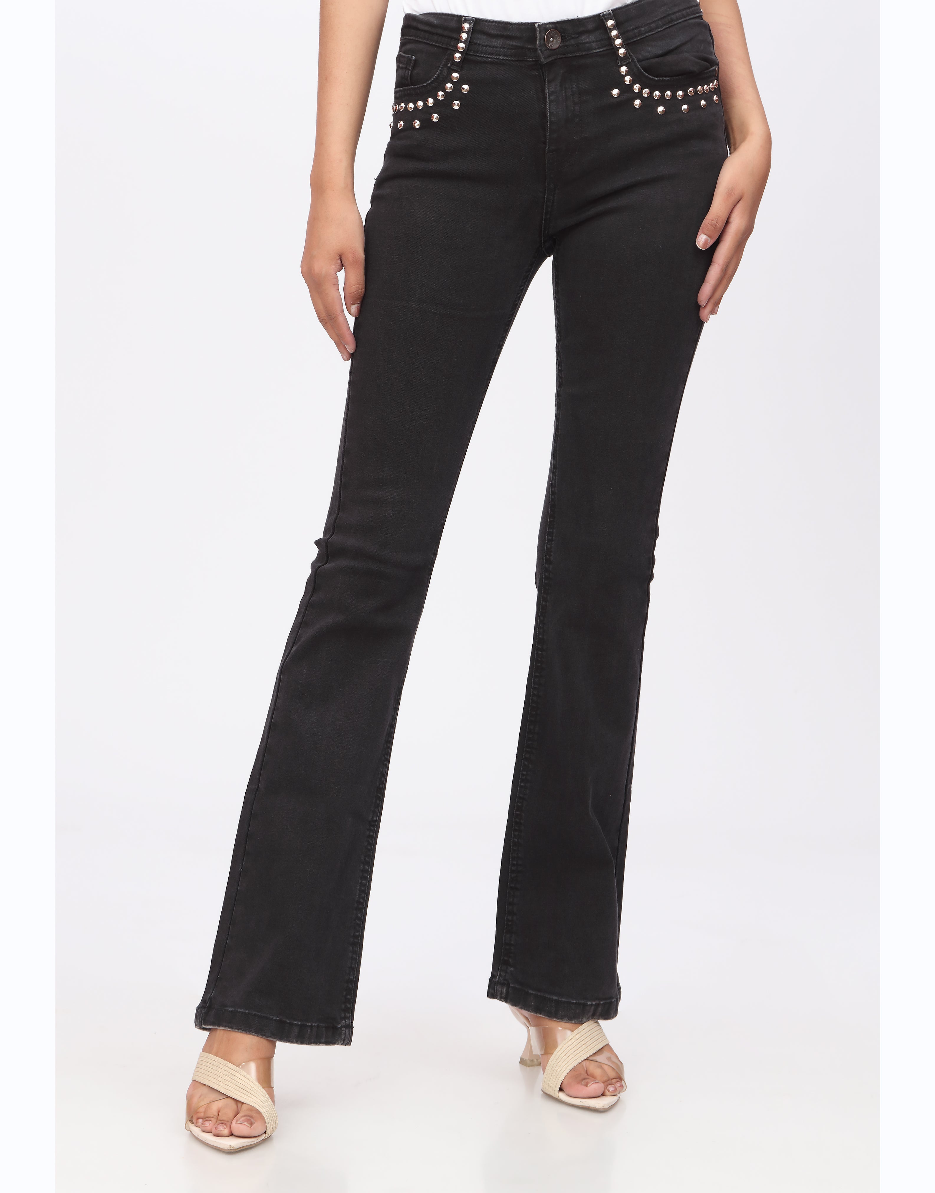 High Rise Flared Jeans in Jet Black with Stylish Pocket