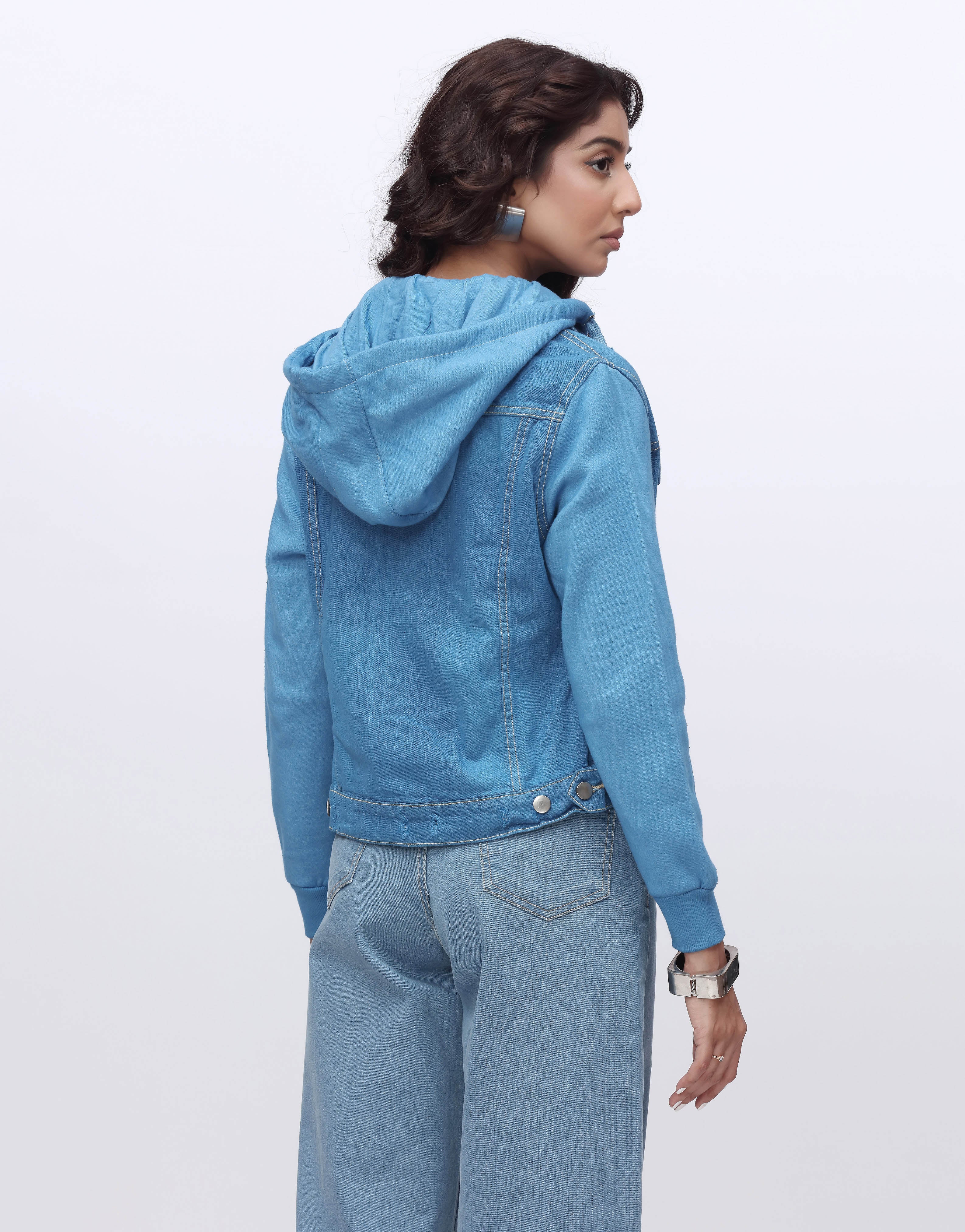 (Minor Fault) Hoodie Denim Jacket with Fleece Sleeves in Vintage Blue