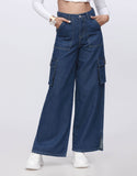 High Rise Wide Leg Flap Pocket Cargo Jeans Slit Hem Dark Blue