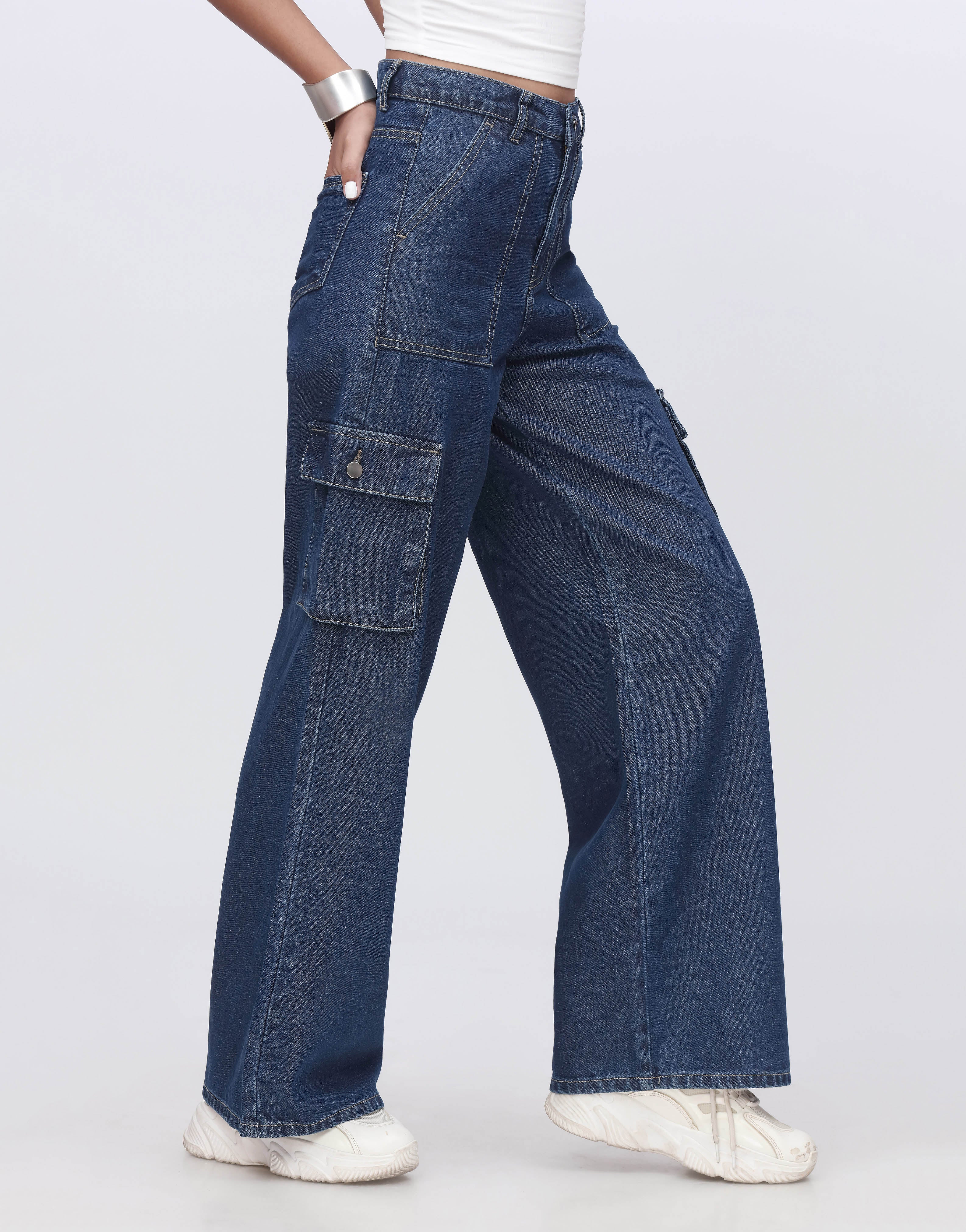 High Rise Wide Leg Flap Pocket Cargo Jeans Indigo