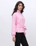High Neck Full Sleeves Top with Belt-Pink