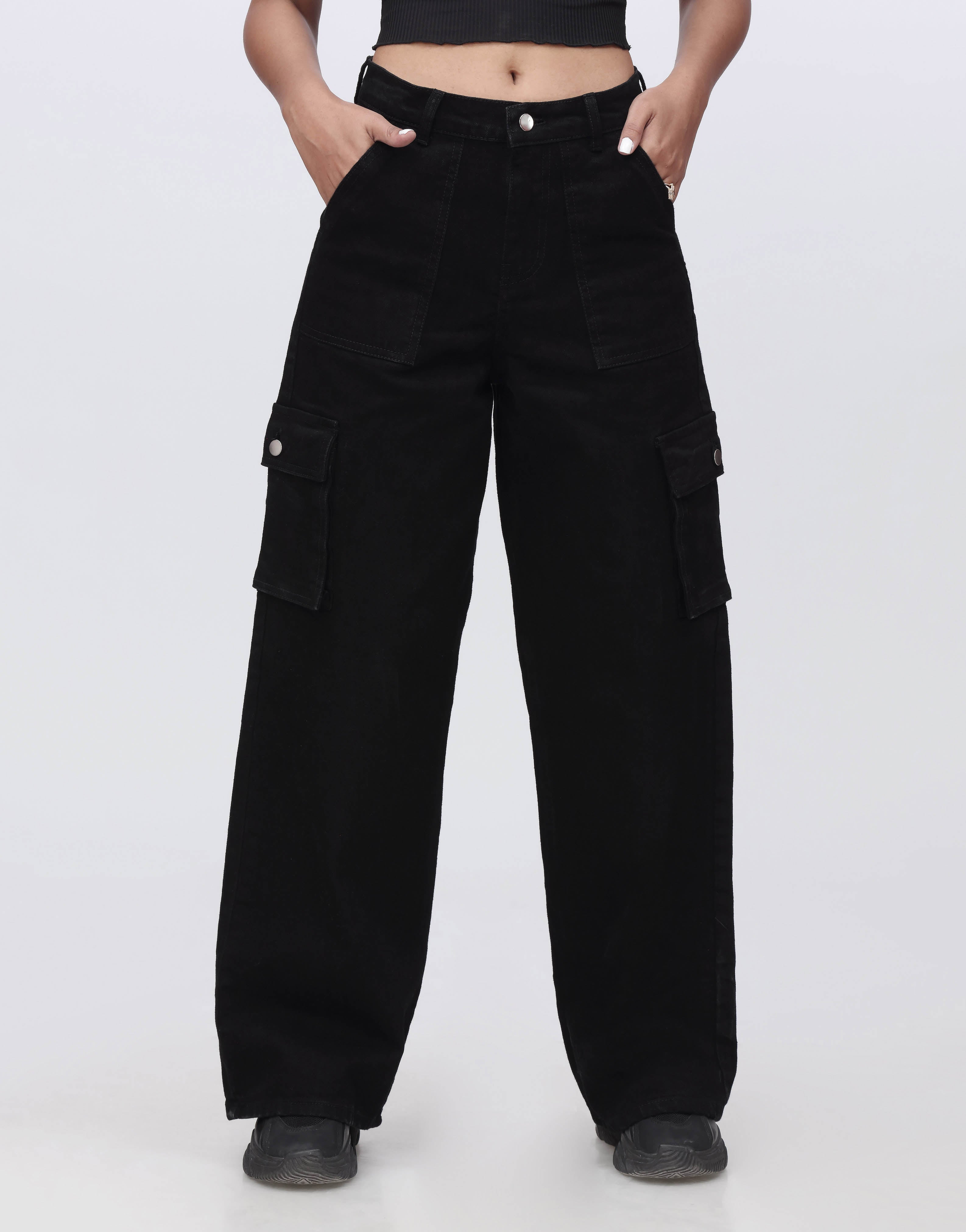 Wide Leg Flap Pocket Cargo Jeans Black