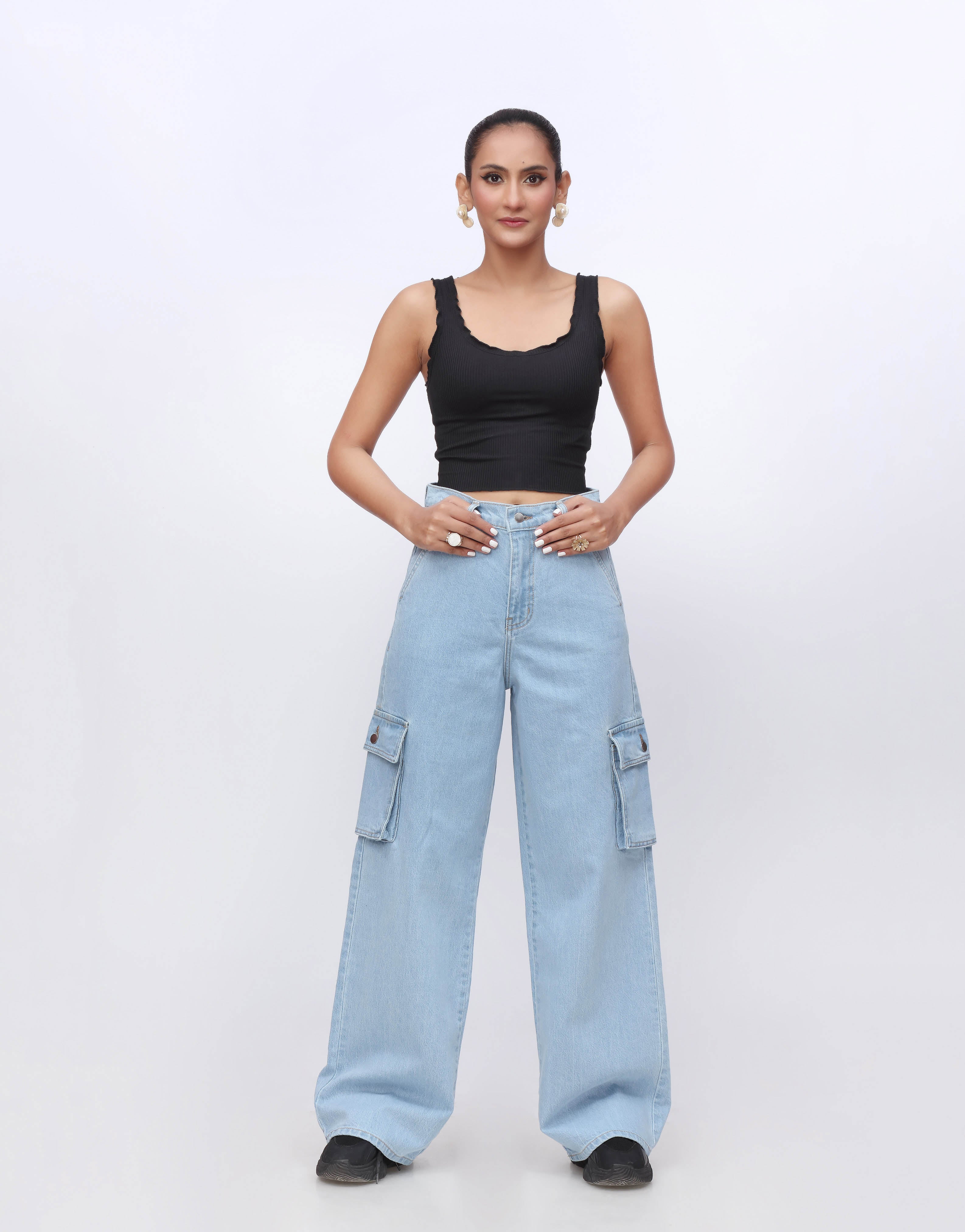 High Rise Wide Leg Cargo Jeans Light Wash