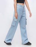 High Rise Wide Leg Cargo Jeans Light Wash