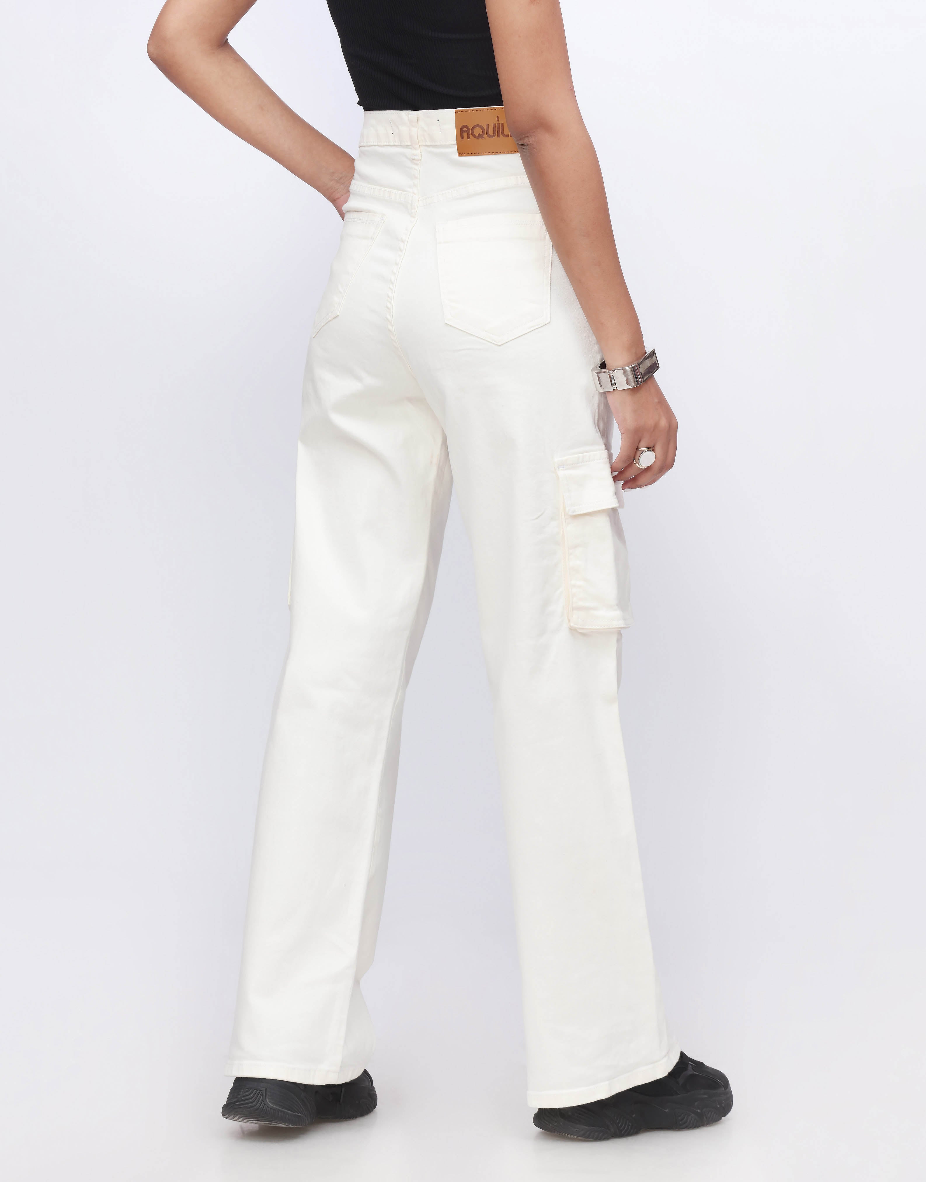 Wide Leg Flap Pocket Cargo Jeans Stretch in White