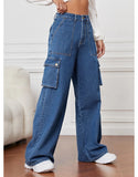 High Rise Wide Leg Flap Pocket Cargo Jeans Dark Blue