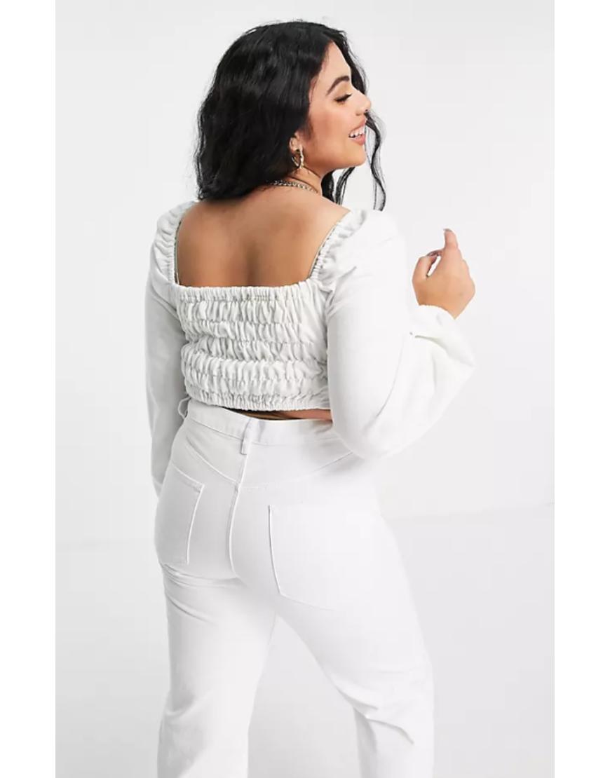 White Ruched Square Neck Crop Sweat Top