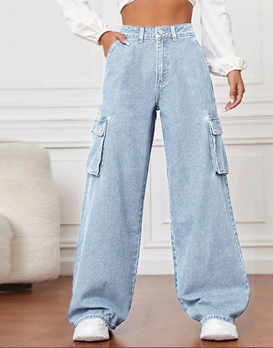 High Rise Wide Leg Cargo Jeans Light Wash