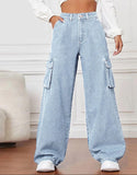High Rise Wide Leg Cargo Jeans Light Wash