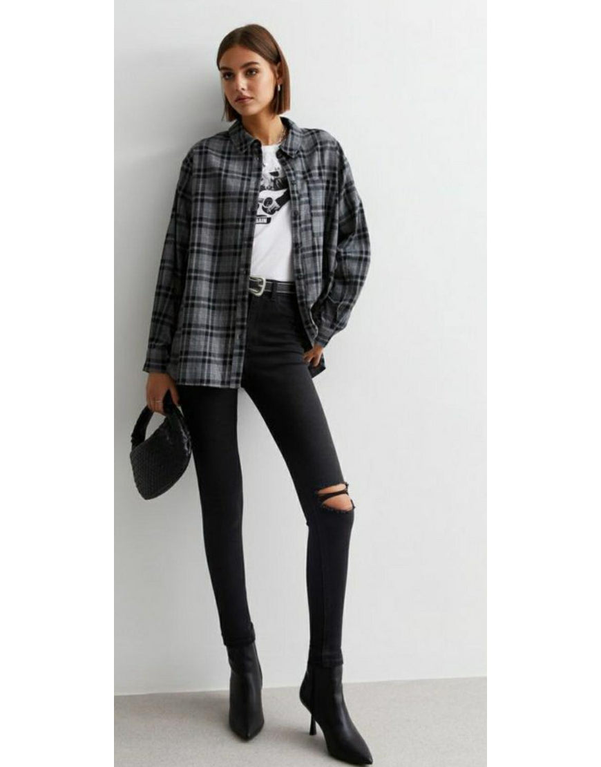 Checked Oversized Shirt in Grey & Blue