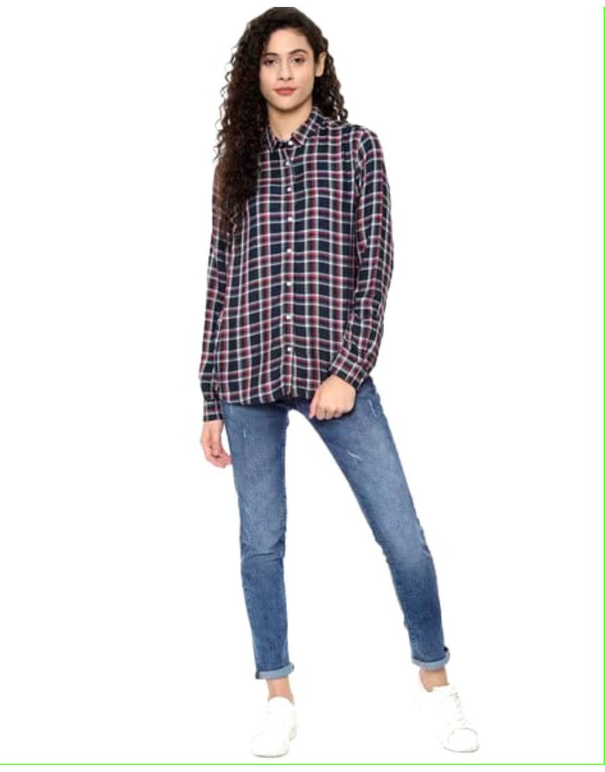 Checked Oversized Shirt in Blue & Red Minor Defect