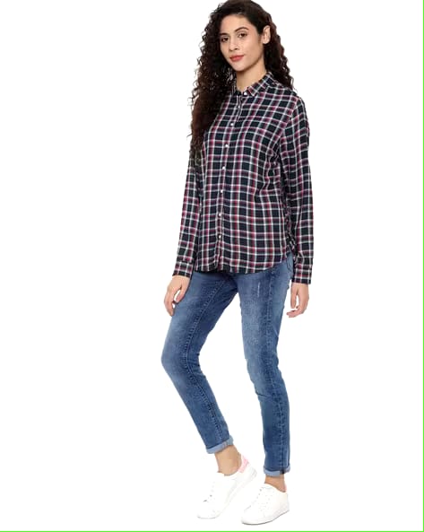 Checked Oversized Shirt in Blue & Red Minor Defect